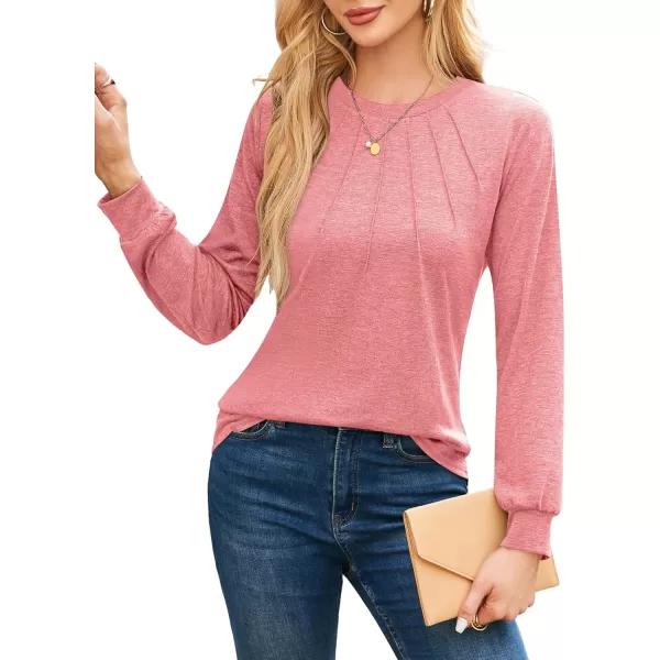 imageAmoretu Womens T Shirts Long Sleeve Tops Dressy Casual Round Neck Shits Loose Fit Fashion Pleated Blouse 2024Orange Pink