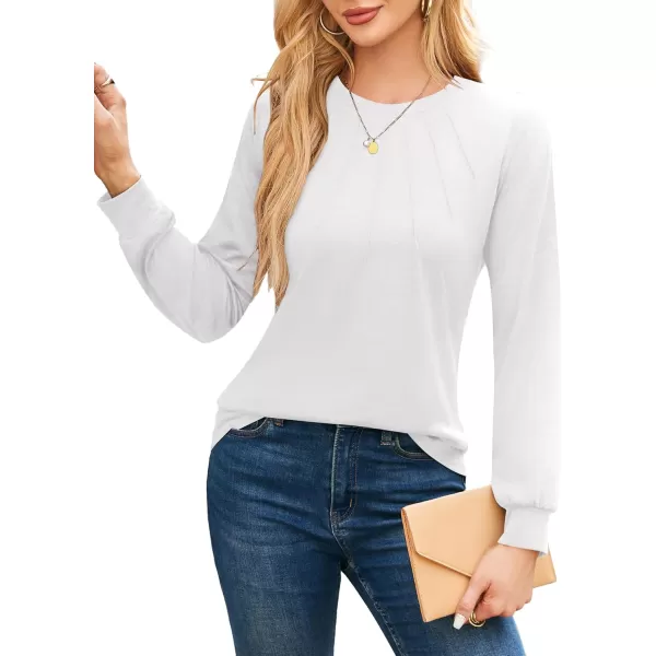 imageAmoretu Womens T Shirts Long Sleeve Tops Dressy Casual Round Neck Shits Loose Fit Fashion Pleated Blouse 2024White