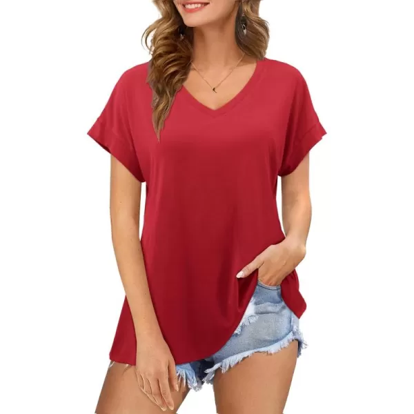 imageAmoretu Women Summer Tops V Neck Short Sleeve T Shirts Casual Loose Basic Tee ShirtRed
