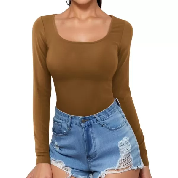 imageAmoretu Womens Scoop Neck Long Sleeve Shirts Slim Fit T Shirt Ribbed Tunic Tops TeeBrown