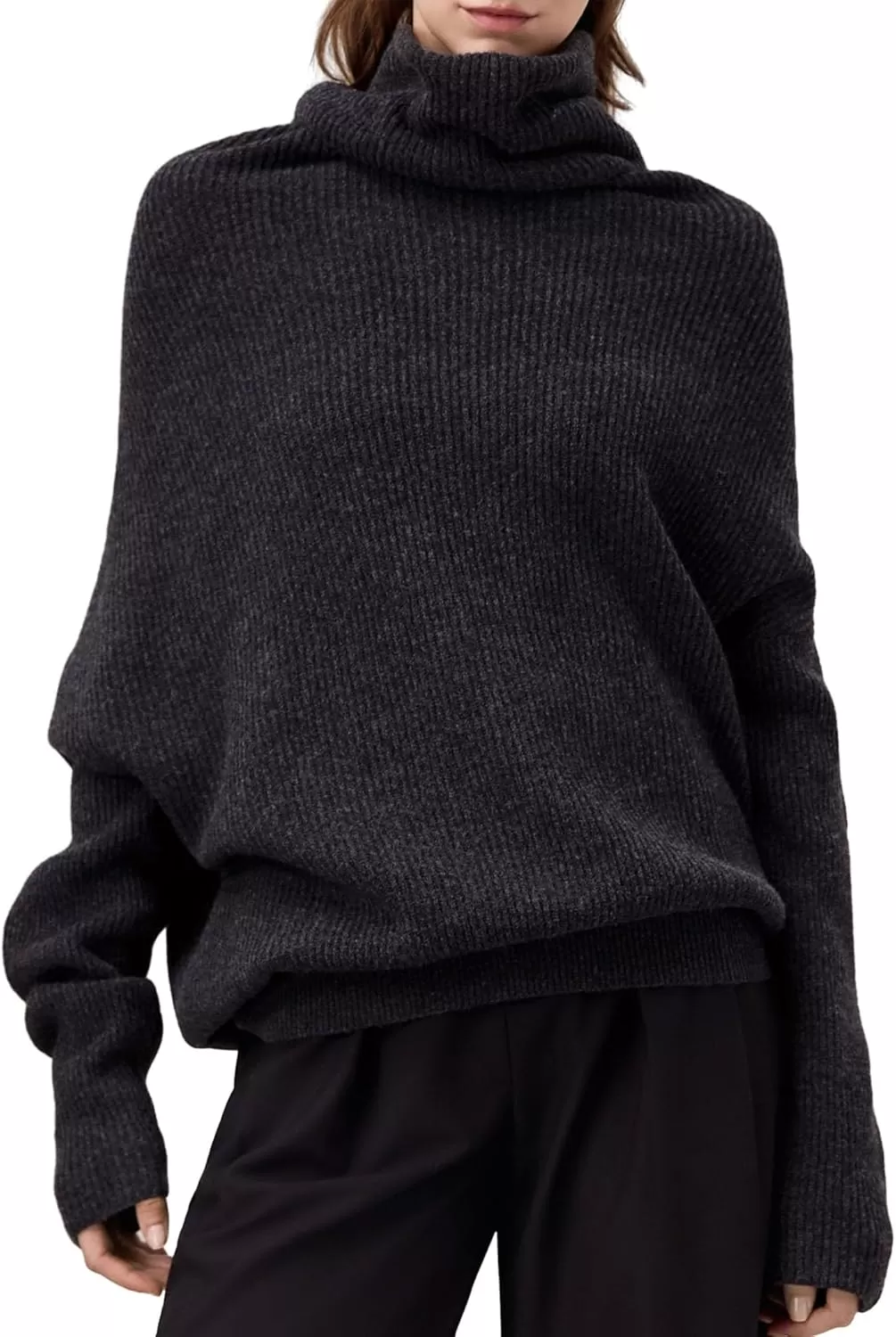 imageAmoretu Womens Pure Wool Turtleneck DropShoulder Sweater Loose Fit Long Sleeve Tops 2024Dark Grey