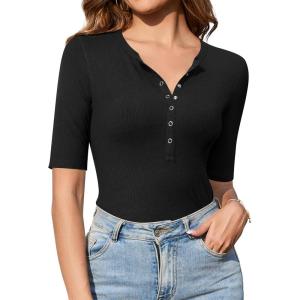 imageAmoretu Womens Henley Half Sleeve Tops Button Down Fitted ShirtsBlack