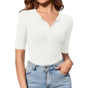 imageAmoretu Womens Henley Half Sleeve Tops Button Down Fitted ShirtsWhite