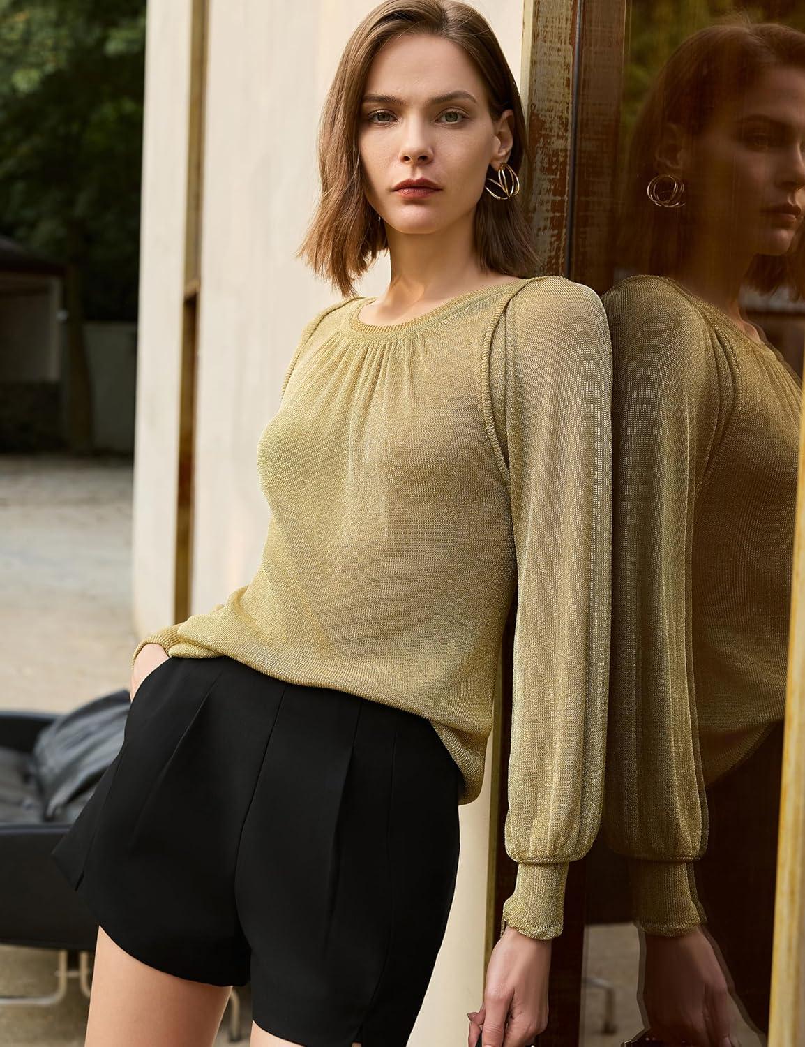 imageAmoretu Womens Sparkle Sequin Sweater Crew Neck Long Sleeve Pullover Casual Dressy Tops 2025