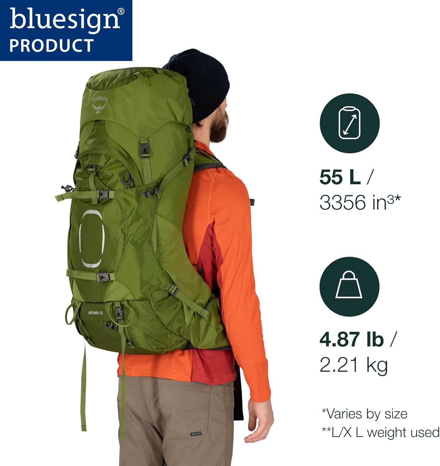 Osprey Aether 55L Mens Backpacking Backpack Garlic Mustard Green SMBlack