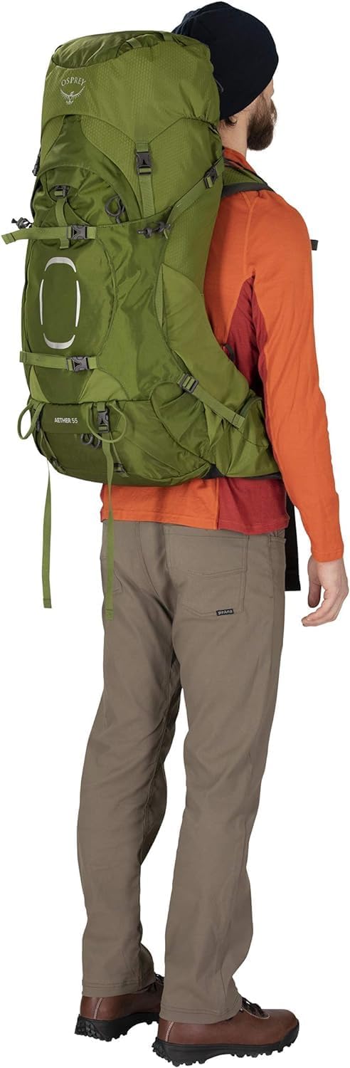 Osprey Aether 55L Mens Backpacking Backpack Garlic Mustard Green SMDeep Water Blue