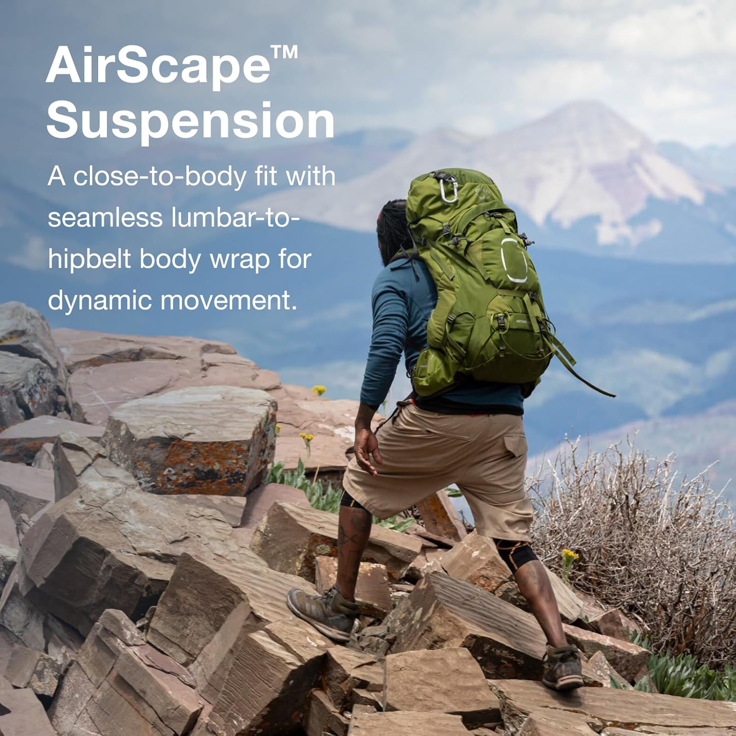 Osprey Aether 55L Mens Backpacking Backpack Garlic Mustard Green SMDeep Water Blue