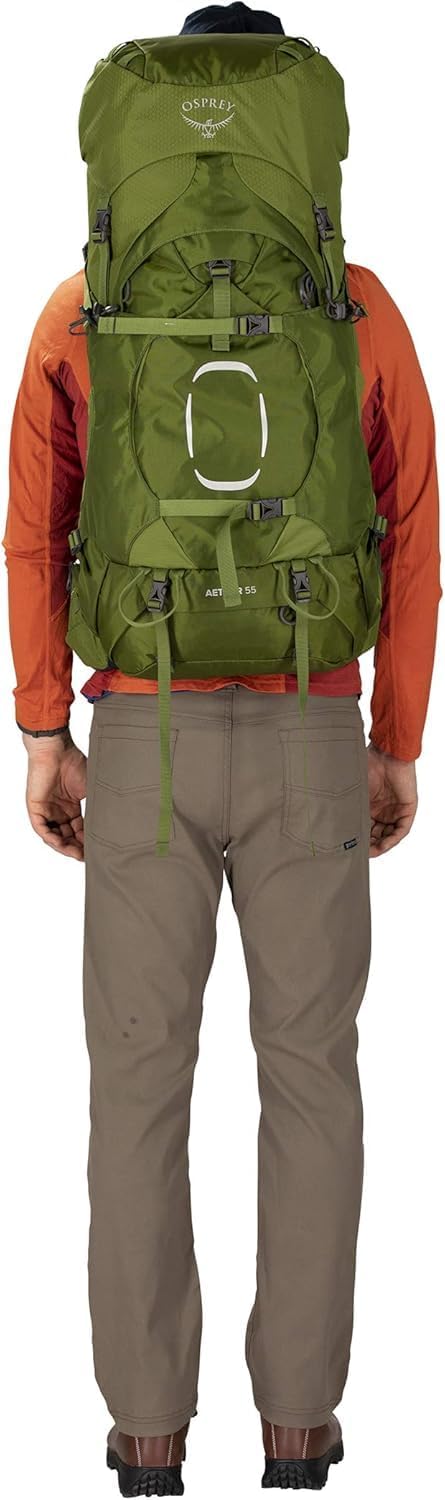 Osprey Aether 55L Mens Backpacking Backpack Garlic Mustard Green SMDeep Water Blue