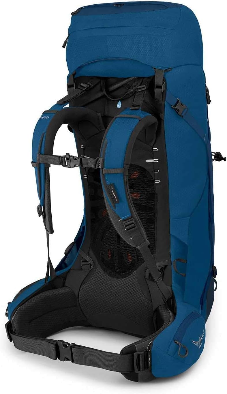 Osprey Aether 55L Mens Backpacking Backpack Garlic Mustard Green SMDeep Water Blue