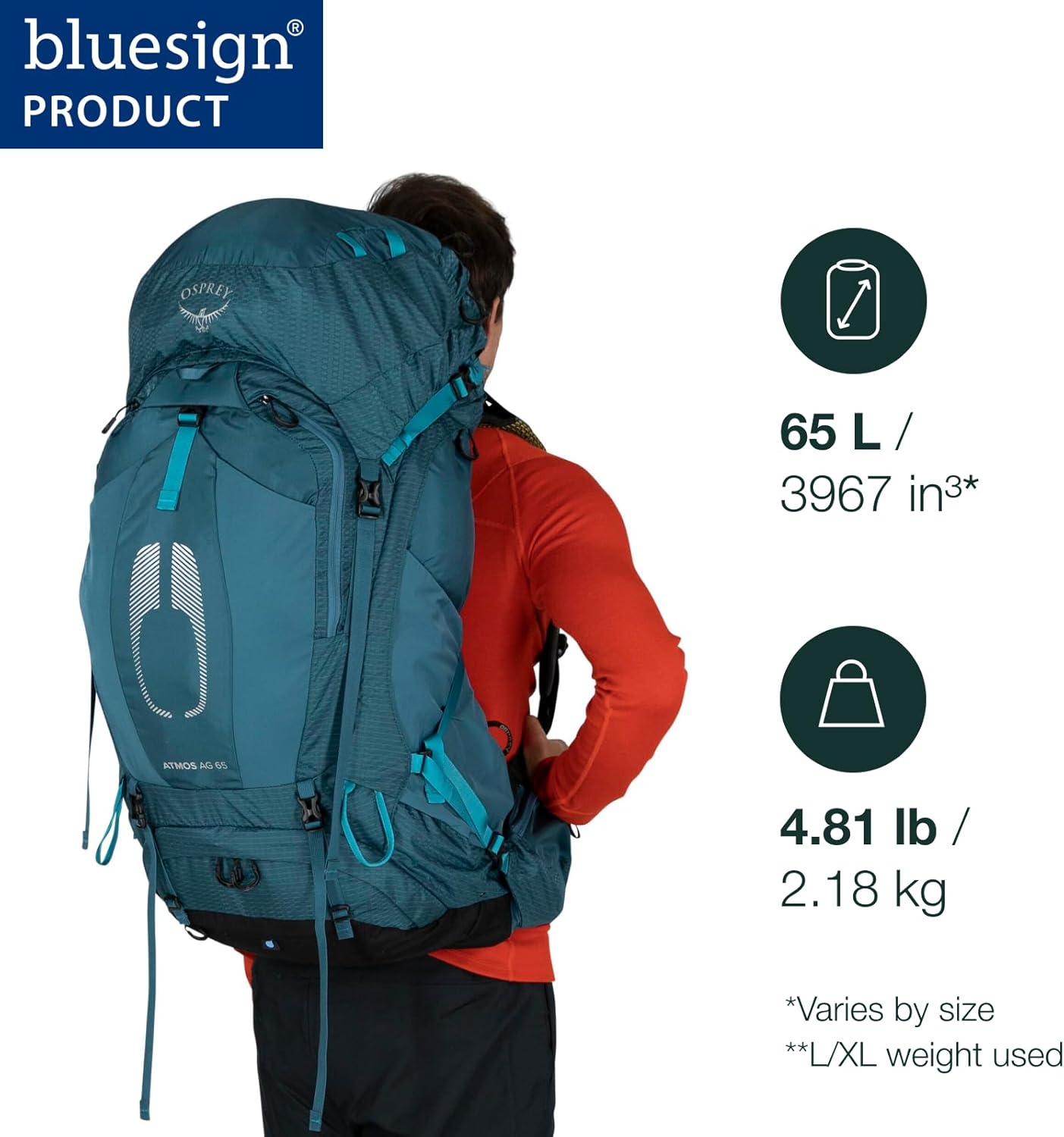 Osprey Atmos AG 65L Mens Backpacking Backpack Venturi Blue SMMythical Green