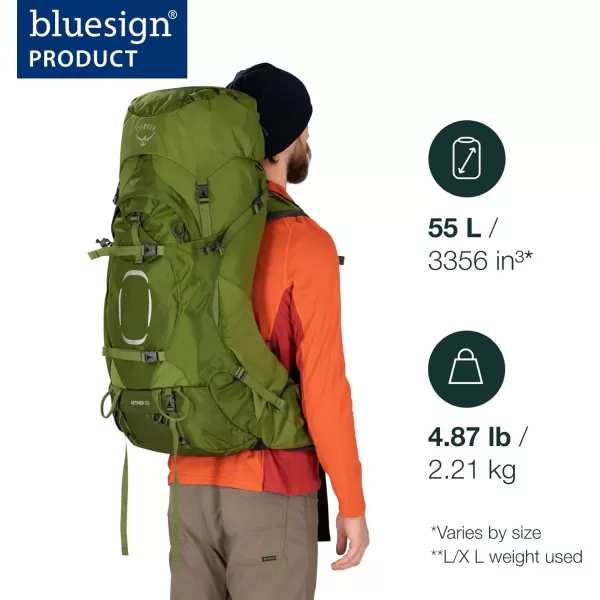 Osprey Aether 55L Mens Backpacking Backpack Garlic Mustard Green SMBlack