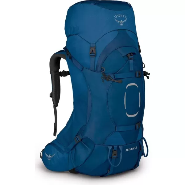 Osprey Aether 55L Mens Backpacking Backpack Garlic Mustard Green SMDeep Water Blue