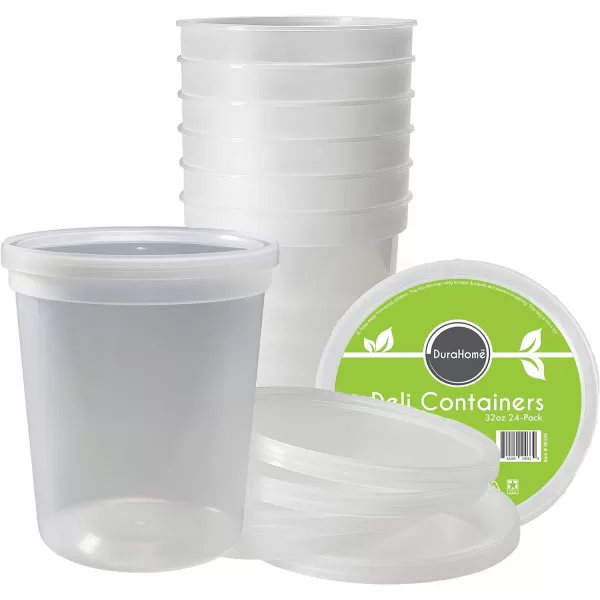 imageDuraHome  Deli food Storage Containers with Lids 32 oz Quart Pack of 24 Leakproof Freezer Safe Microwaveable Soup Storage Container  Clear Plastic Premium Quality32 oz