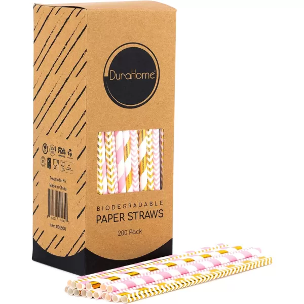 imagePaper Straws Biodegradable 200 Pack Striped Multi Colored BPAFree Disposable 825quot Long NonFlexible Straw for EverydayBirthday PartyWedding  By DuraHome 200 PackGold  Pink