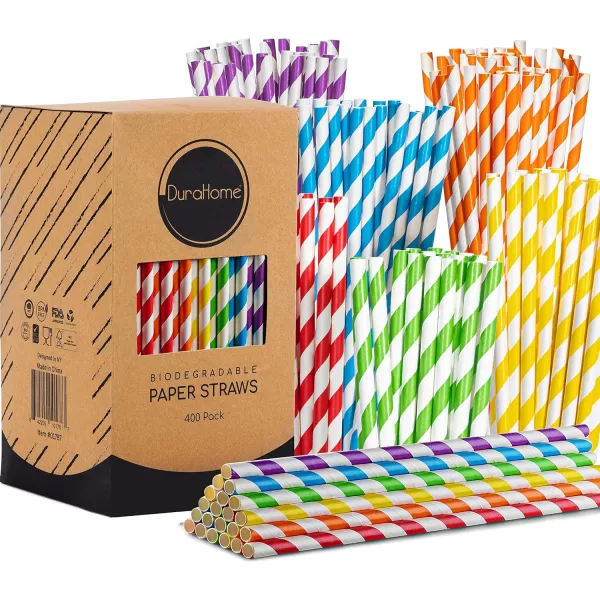 imagePaper Straws Biodegradable 200 Pack Striped Multi Colored BPAFree Disposable 825quot Long NonFlexible Straw for EverydayBirthday PartyWedding  By DuraHome 200 PackColorful