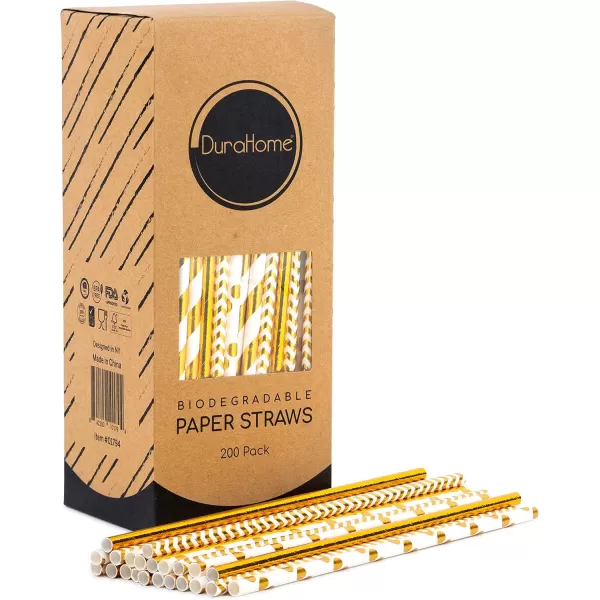 imagePaper Straws Biodegradable 200 Pack Striped Multi Colored BPAFree Disposable 825quot Long NonFlexible Straw for EverydayBirthday PartyWedding  By DuraHome 200 PackMulti Pattern Gold