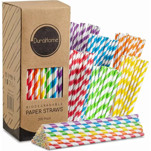 imagePaper Straws Biodegradable 200 Pack Striped Multi Colored BPAFree Disposable 825quot Long NonFlexible Straw for EverydayBirthday PartyWedding  By DuraHome 200 PackColorful