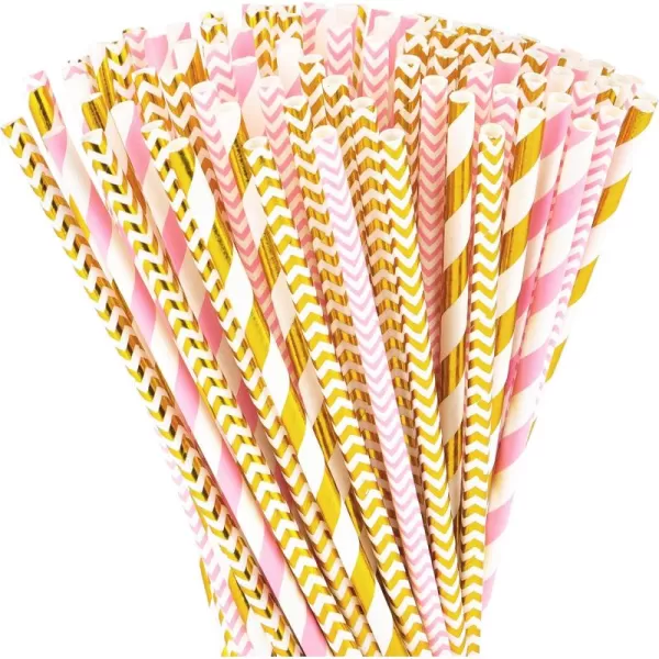 imagePaper Straws Biodegradable 200 Pack Striped Multi Colored BPAFree Disposable 825quot Long NonFlexible Straw for EverydayBirthday PartyWedding  By DuraHome 200 PackGold  Pink