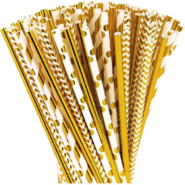 imagePaper Straws Biodegradable 200 Pack Striped Multi Colored BPAFree Disposable 825quot Long NonFlexible Straw for EverydayBirthday PartyWedding  By DuraHome 200 PackMulti Pattern Gold