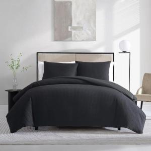 imageVera Wang  Queen Duvet Cover Set Luxury Cotton Bedding with Button Closure Includes Matching Shams Waffle Pique White QueenWaffle Pique Black