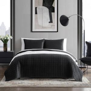 imageVera Wang  Queen Quilt Set Luxurious Velvet Bedding with Matching Shams Lightweight Home Decor Diamond Velvet Charcoal Grey QueenDiamond Black