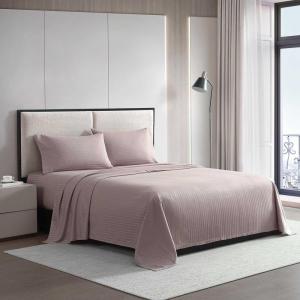 imageVera Wang  Queen Size Sheets Set Smooth ampamp Crisp Cotton wTextured Weave Lightweight for Year Round Comfort Bed Sheets with Matching Pillowcases ampamp Fitted Sheet Dobby Stripe WhiteCool Comfort Pink