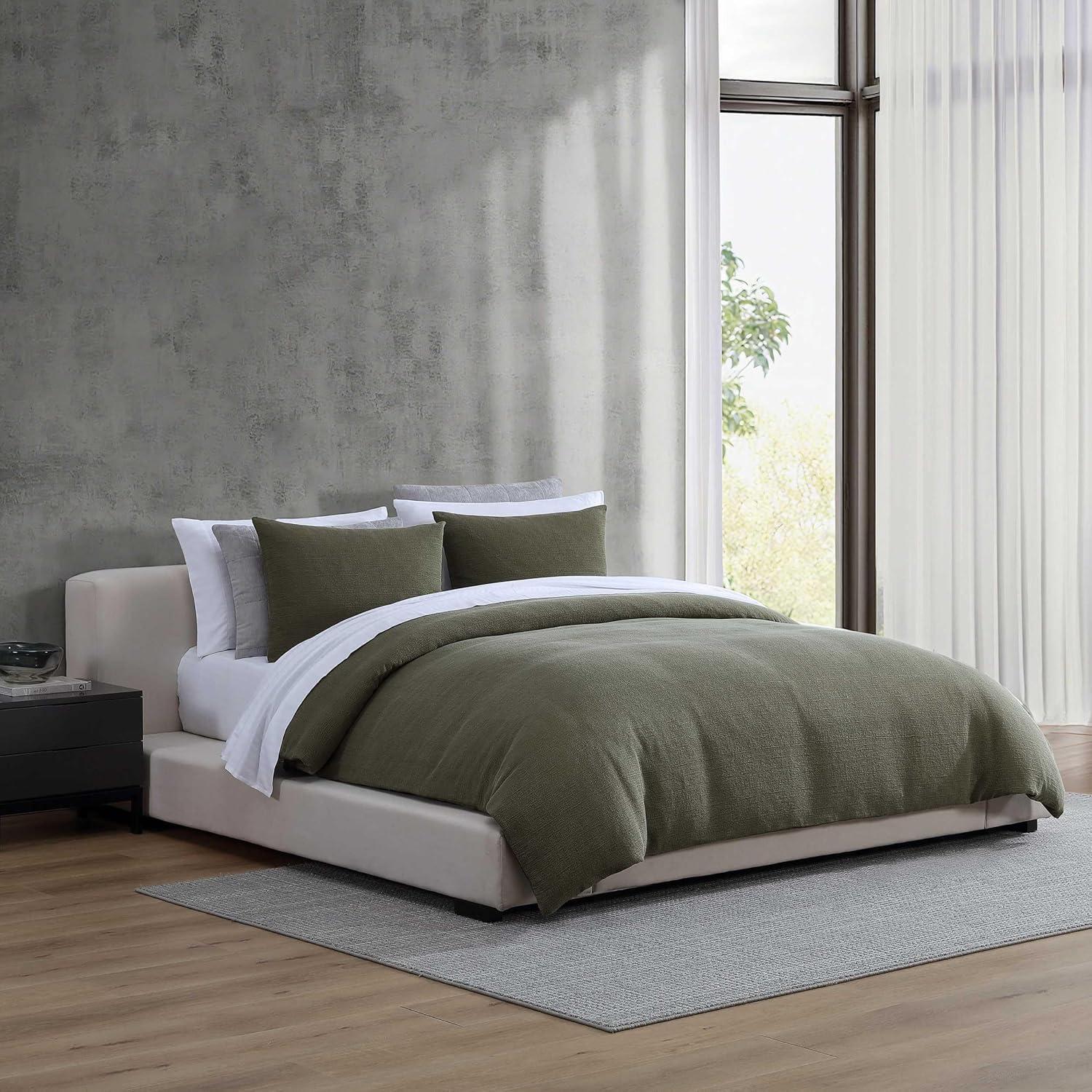 imageVera Wang  Queen Duvet Cover Set Cotton Blend Bedding with Silky Smooth Cotton Percale Reverse 3 Piece Bed Set with Matching Button Closure Pillowcases Carved Lines GreenCarved Lines Green