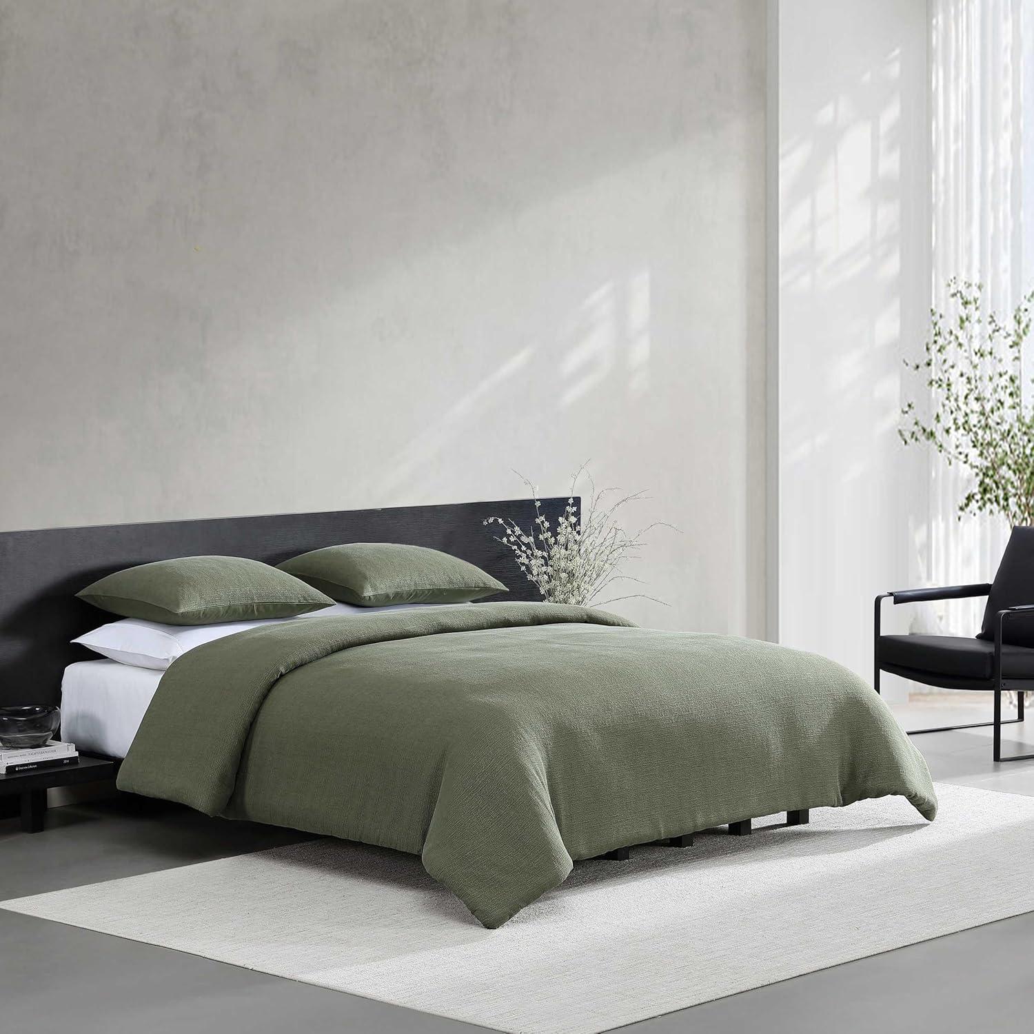 imageVera Wang  Queen Duvet Cover Set Cotton Blend Bedding with Silky Smooth Cotton Percale Reverse 3 Piece Bed Set with Matching Button Closure Pillowcases Carved Lines GreenCarved Lines Green