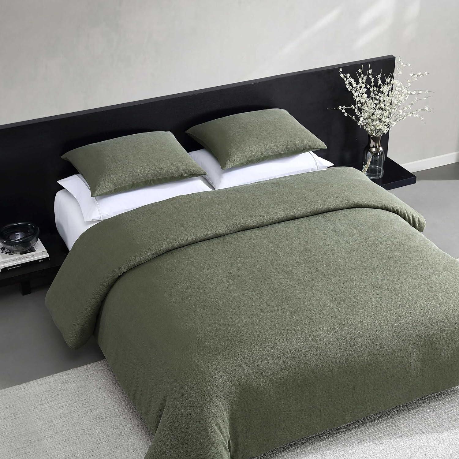 imageVera Wang  Queen Duvet Cover Set Cotton Blend Bedding with Silky Smooth Cotton Percale Reverse 3 Piece Bed Set with Matching Button Closure Pillowcases Carved Lines GreenCarved Lines Green