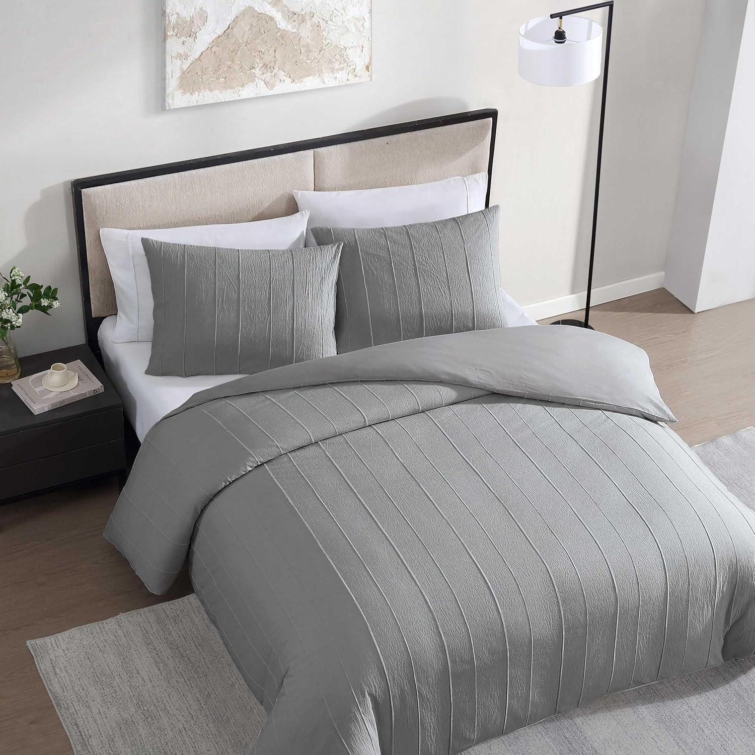 imageVera Wang  King Comforter Set UltraSoft Chenille Bedding wMatching Pillowcases Lightweight for Year Round Comforter 3 Piece Bed Set BeigeTucks Grey