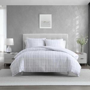 image:imageVera Wang  Queen Comforter Set Reversible Floral Bedding with a Naturally Soft Feel 3 Piece Bed Set with Matching Pillowcases Noir BouquetIkat Line GreyBlurred Plaid Tatami Blue