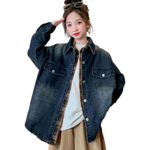 imageRolanko Girls Denim Shirt Oversized Button Down Shacket Long Sleeve Jean Shirt Fall Jacket Tops with Pocket 516 YearsA1dark Blue