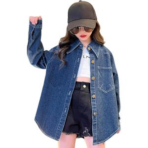 imageRolanko Girls Denim Shirt Oversized Button Down Shacket Long Sleeve Jean Shirt Fall Jacket Tops with Pocket 516 YearsA2midblue