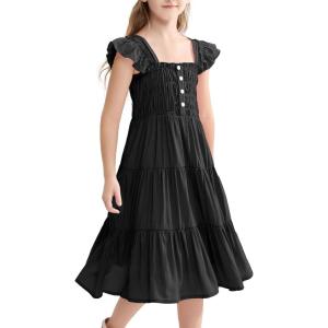 imageRolanko Girls Ruffle Sleeve Dress with Pockets Midi Swing Smocked Dresses for Kids Casual Party 512 YearsBlack