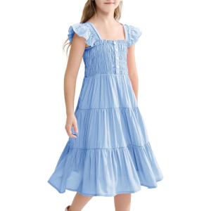 imageRolanko Girls Ruffle Sleeve Dress with Pockets Midi Swing Smocked Dresses for Kids Casual Party 512 YearsBlue