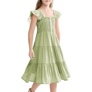 imageRolanko Girls Ruffle Sleeve Dress with Pockets Midi Swing Smocked Dresses for Kids Casual Party 512 YearsGreen