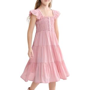 imageRolanko Girls Ruffle Sleeve Dress with Pockets Midi Swing Smocked Dresses for Kids Casual Party 512 YearsPink