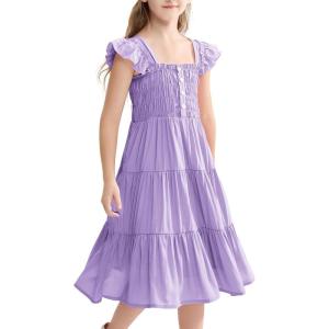 imageRolanko Girls Ruffle Sleeve Dress with Pockets Midi Swing Smocked Dresses for Kids Casual Party 512 YearsPurple
