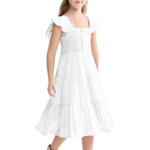 imageRolanko Girls Ruffle Sleeve Dress with Pockets Midi Swing Smocked Dresses for Kids Casual Party 512 YearsWhite