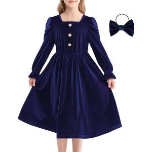 imageRolanko Girls Velvet Fall Dress Square Neck Puff Long Sleeve Christmas Party Dress Kids with Pockets 512 YBlue