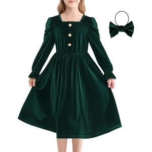 imageRolanko Girls Velvet Fall Dress Square Neck Puff Long Sleeve Christmas Party Dress Kids with Pockets 512 YGreen