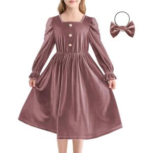imageRolanko Girls Velvet Fall Dress Square Neck Puff Long Sleeve Christmas Party Dress Kids with Pockets 512 YPink