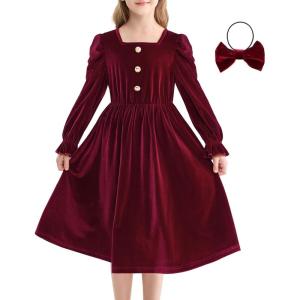 imageRolanko Girls Velvet Fall Dress Square Neck Puff Long Sleeve Christmas Party Dress Kids with Pockets 512 YRed