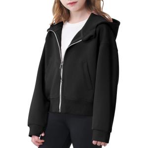 imageRolanko Girls Zip Up Hoodies Cropped Sweatshirts Long Sleeve Jackets with Pockets Kids Tops Clothes 715 YearsBlack