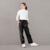 imageRolanko Girls Faux Leather Pants Straight Wide Leg Streetwear Trousers with Pockets Kids Pants 414 YearsBlack