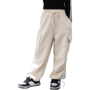 imageRolanko Girls Cargo Pants Wide leg Cargo Sweatpants High Waist Kids Joggers with Pockets 414 YearsApricot