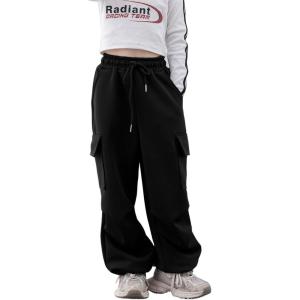 imageRolanko Girls Cargo Pants Wide leg Cargo Sweatpants High Waist Kids Joggers with Pockets 414 YearsBlack