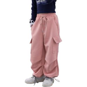 imageRolanko Girls Cargo Pants Wide leg Cargo Sweatpants High Waist Kids Joggers with Pockets 414 YearsPink