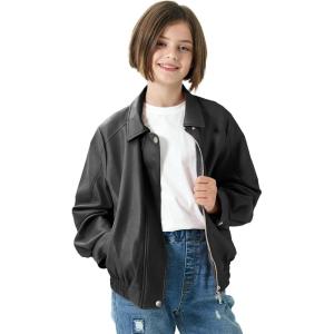 imageRolanko Girls Faux Leather Jacket Kids Zip Up Motorcycle Biker Outerwear Coat Pleather Bomber Jacket with Pockets 515 YearsBlack
