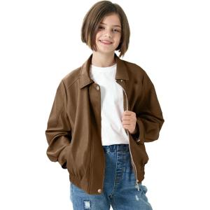imageRolanko Girls Faux Leather Jacket Kids Zip Up Motorcycle Biker Outerwear Coat Pleather Bomber Jacket with Pockets 515 YearsBrown